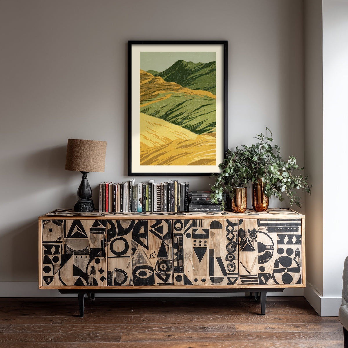 Rolling Green Hills Poster - Ochre and Moss Upland Woodcut - Linocut Style Art Print V1 2/3