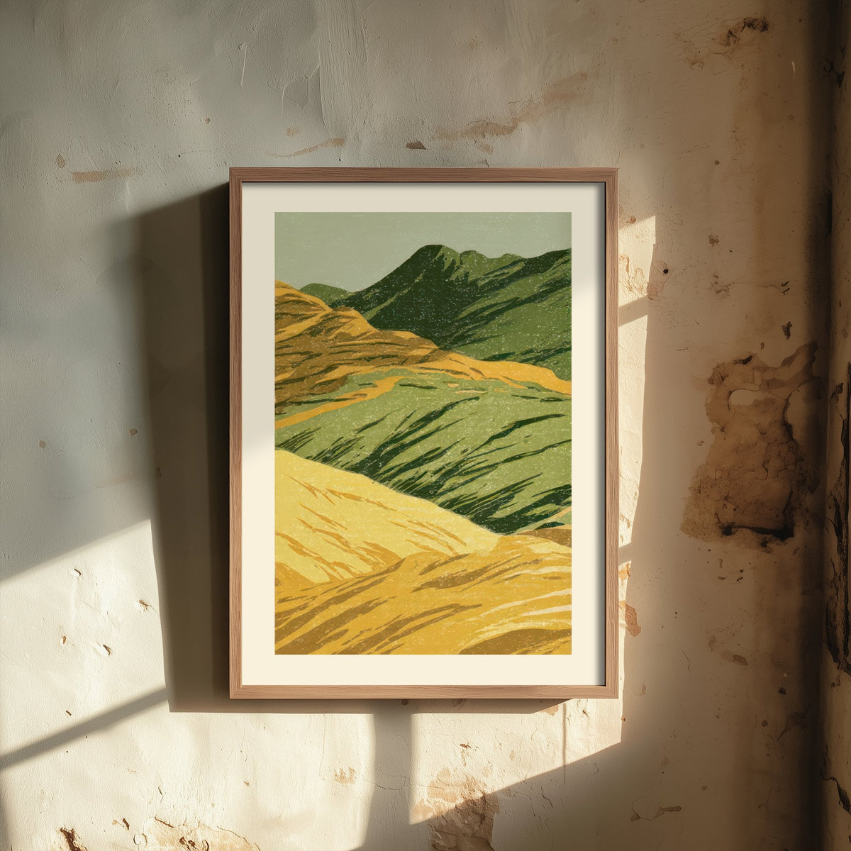 Rolling Green Hills Poster - Ochre and Moss Upland Woodcut - Linocut Style Art Print V1 2/3