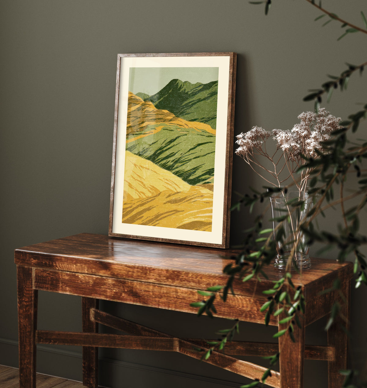 Rolling Green Hills Poster - Ochre and Moss Upland Woodcut - Linocut Style Art Print V1 2/3