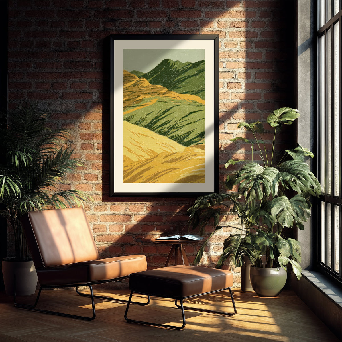 Rolling Green Hills Poster - Ochre and Moss Upland Woodcut - Linocut Style Art Print V1 2/3