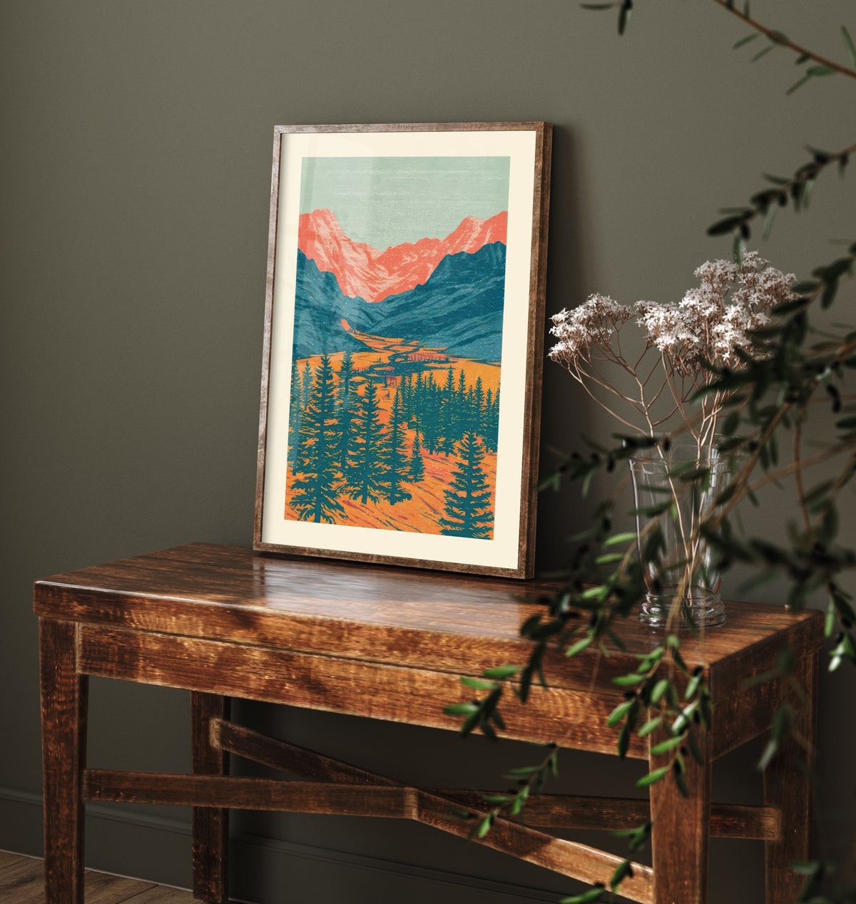 Alpine Valley Art Print - Fir Forest and Salmon Peaks Poster - Retro Woodcut Landscape V1 3/3