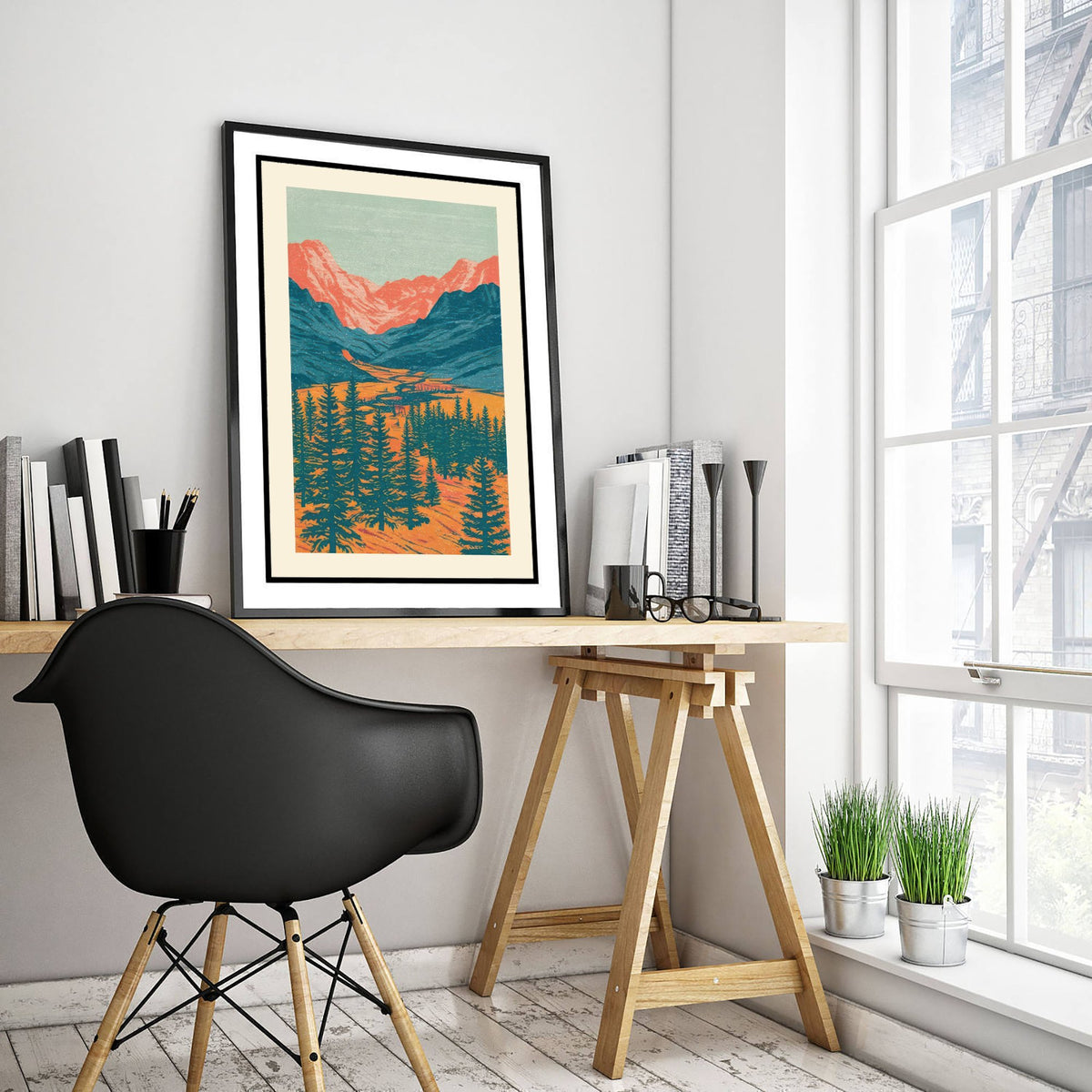 Alpine Valley Art Print - Fir Forest and Salmon Peaks Poster - Retro Woodcut Landscape V1 3/3