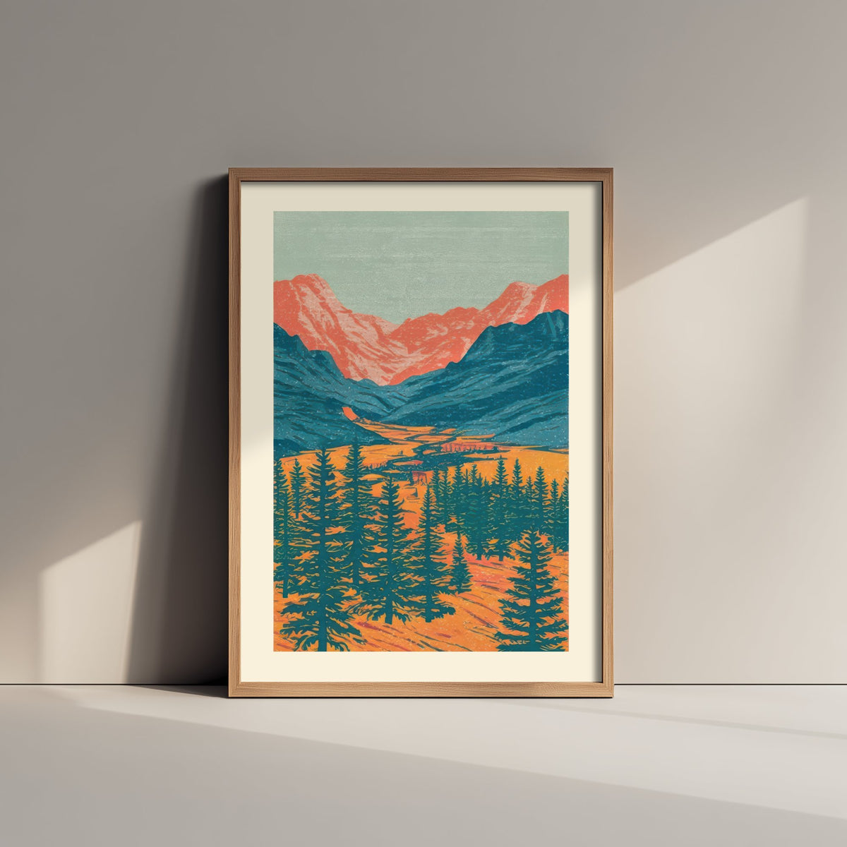Alpine Valley Art Print - Fir Forest and Salmon Peaks Poster - Retro Woodcut Landscape V1 3/3