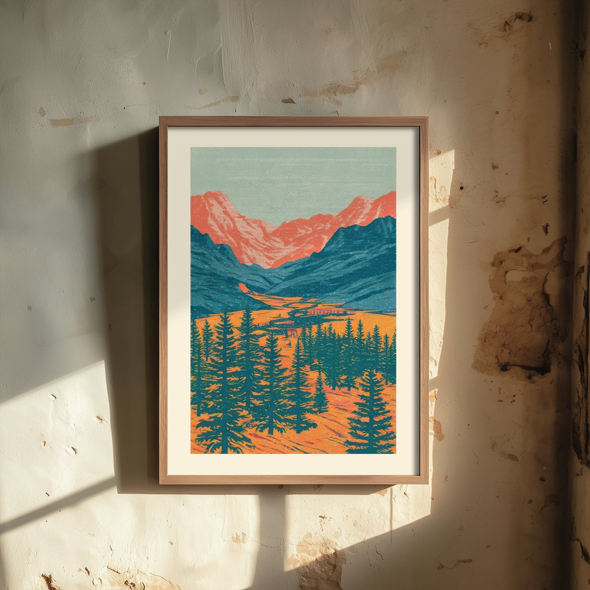 Alpine Valley Art Print - Fir Forest and Salmon Peaks Poster - Retro Woodcut Landscape V1 3/3