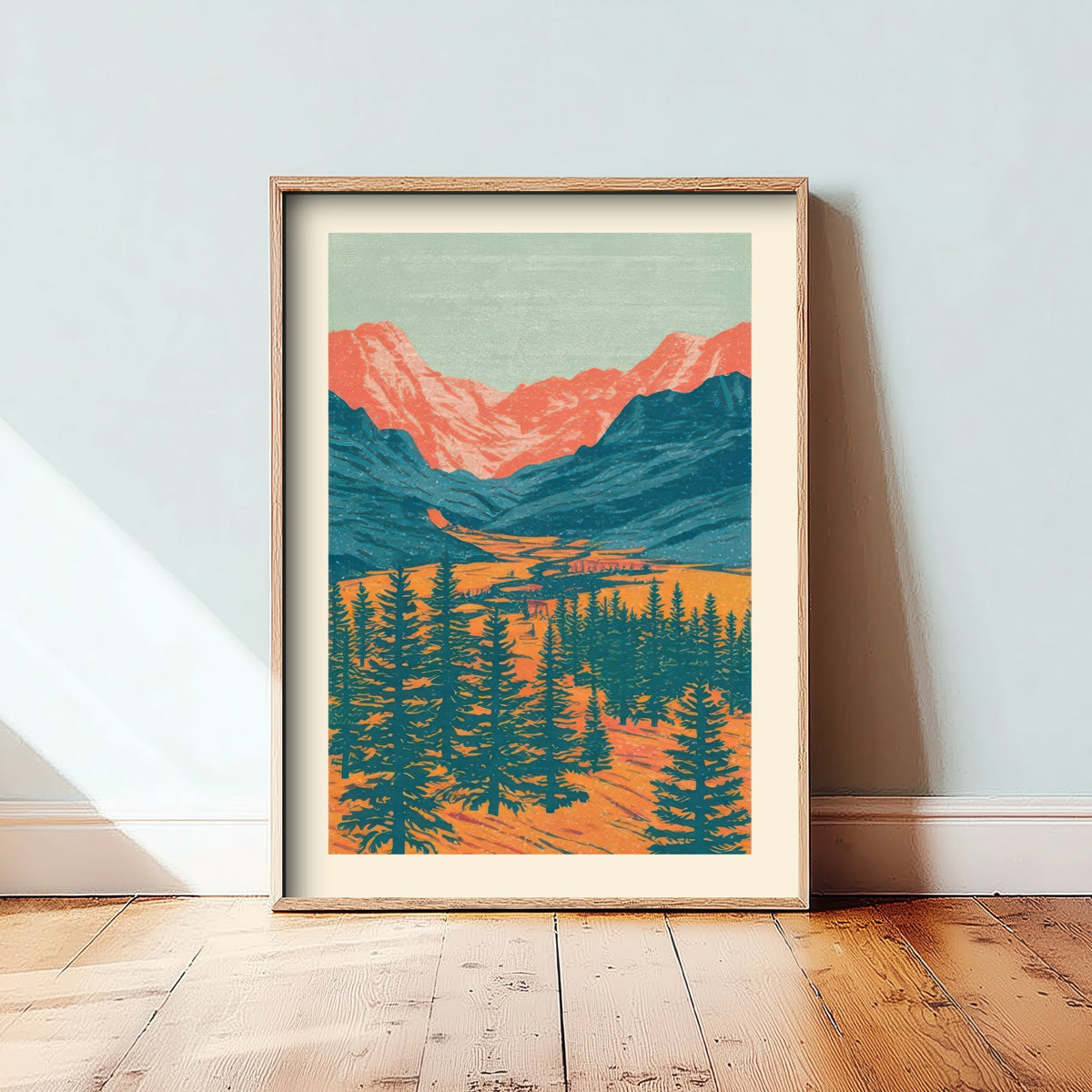 Alpine Valley Art Print - Fir Forest and Salmon Peaks Poster - Retro Woodcut Landscape V1 3/3