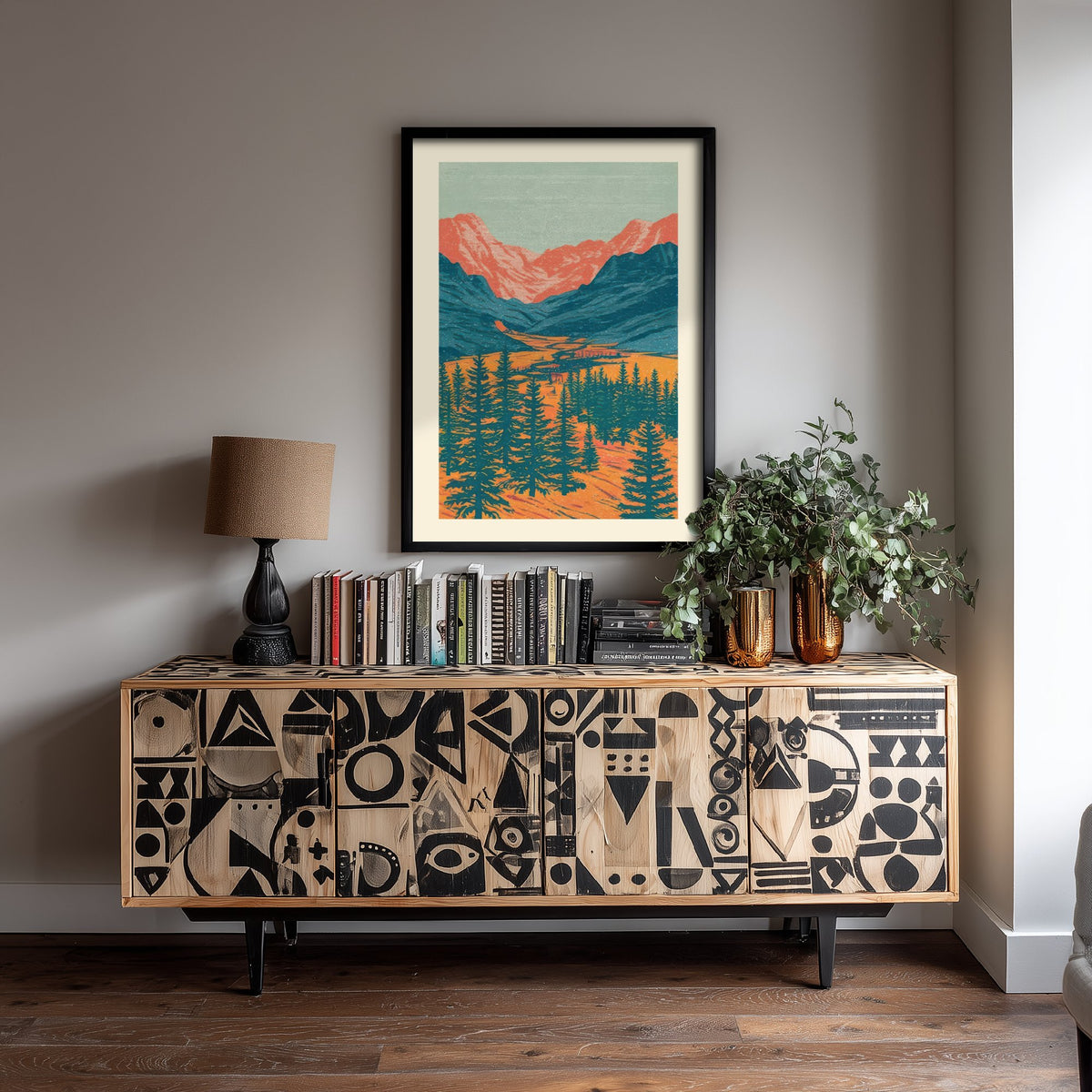 Alpine Valley Art Print - Fir Forest and Salmon Peaks Poster - Retro Woodcut Landscape V1 3/3
