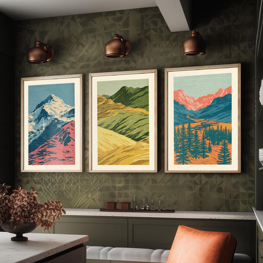 Snowy Peak, Rolling Hills & Alpine Valley Set of Three Art Prints - Colourful Mountain Landscape Linocut Style Woodcut Poster V1