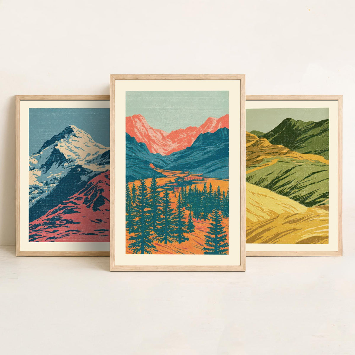 Snowy Peak, Rolling Hills & Alpine Valley Set of Three Art Prints - Colourful Mountain Landscape Linocut Style Woodcut Poster V1