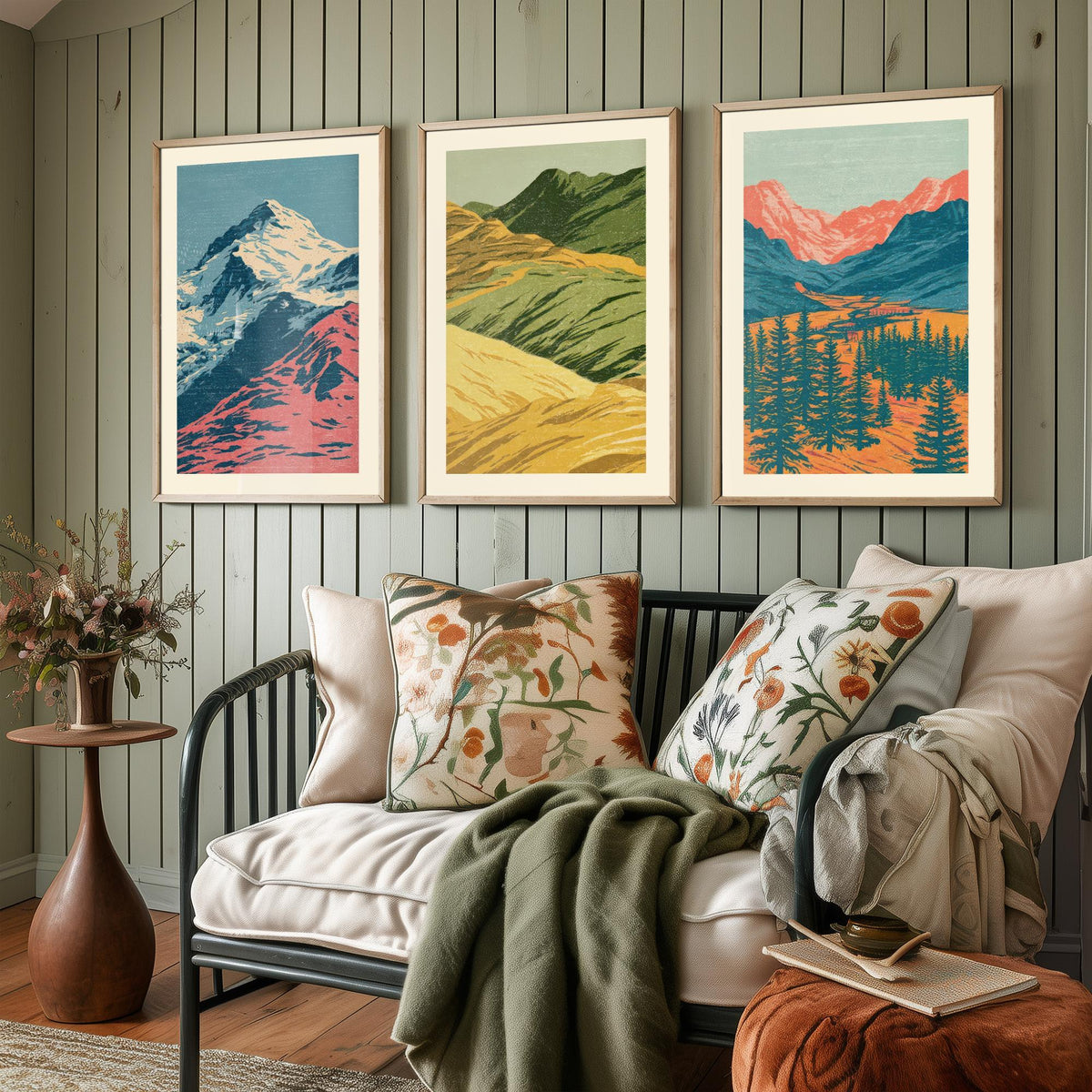 Snowy Peak, Rolling Hills & Alpine Valley Set of Three Art Prints - Colourful Mountain Landscape Linocut Style Woodcut Poster V1