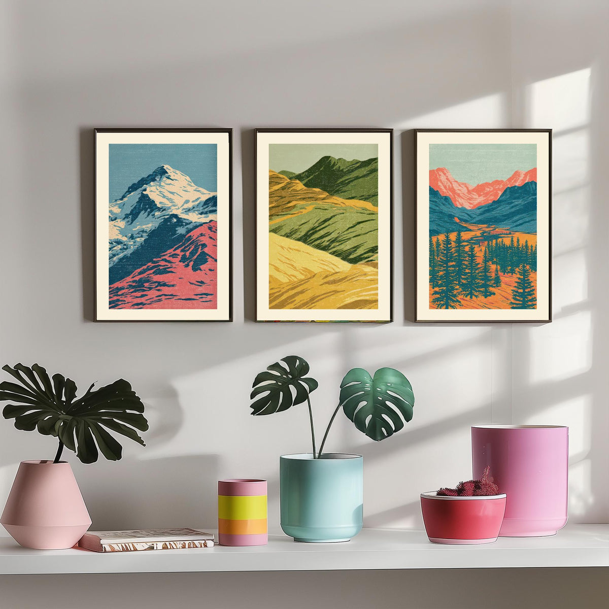 Snowy Peak, Rolling Hills & Alpine Valley Set of Three Art Prints - Colourful Mountain Landscape Linocut Style Woodcut Poster V1