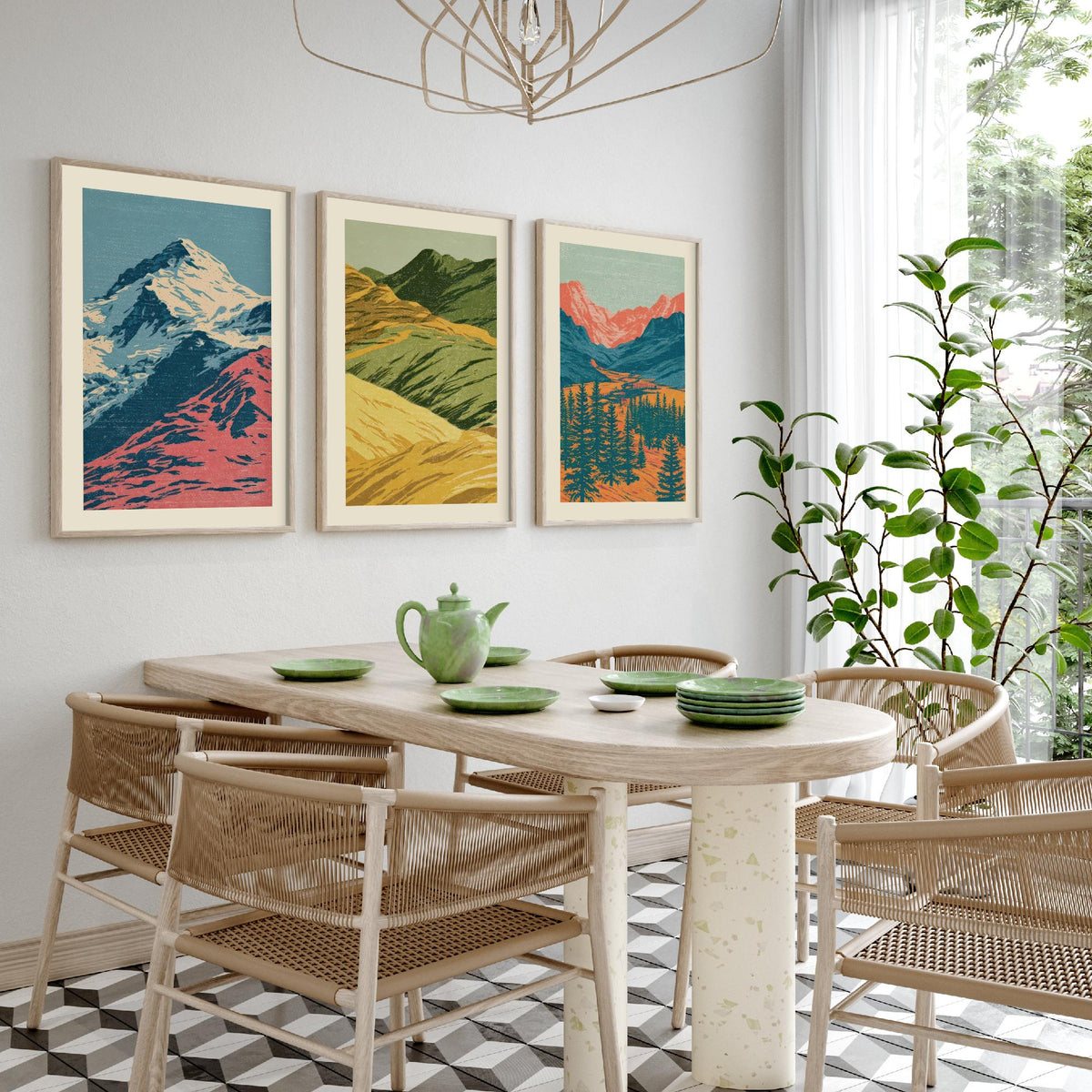 Snowy Peak, Rolling Hills & Alpine Valley Set of Three Art Prints - Colourful Mountain Landscape Linocut Style Woodcut Poster V1