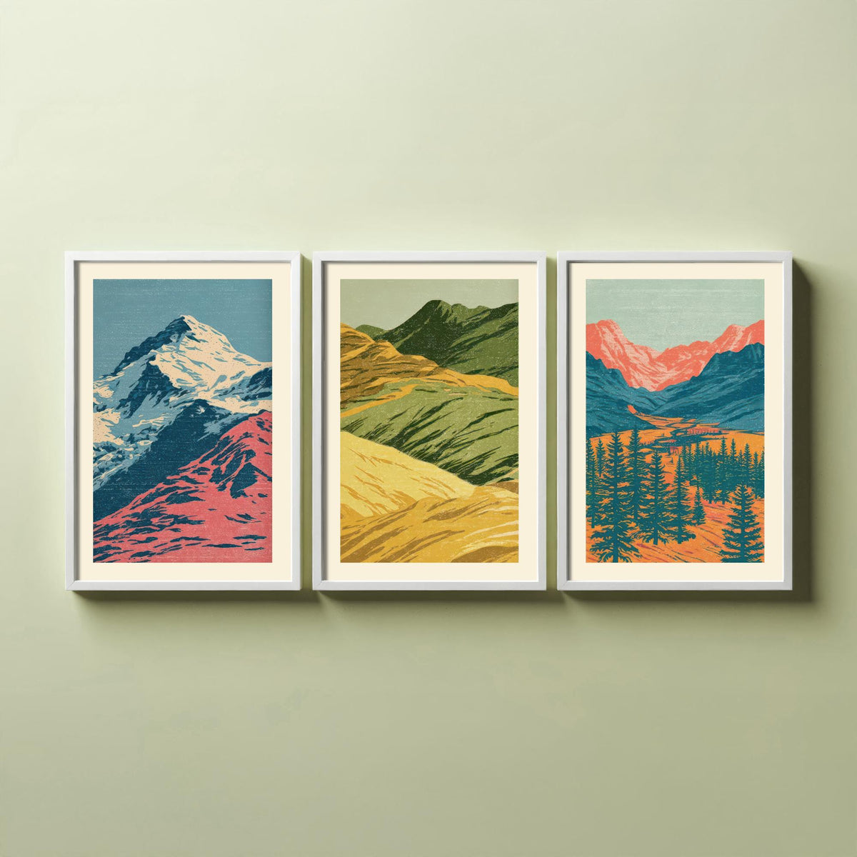 Snowy Peak, Rolling Hills & Alpine Valley Set of Three Art Prints - Colourful Mountain Landscape Linocut Style Woodcut Poster V1