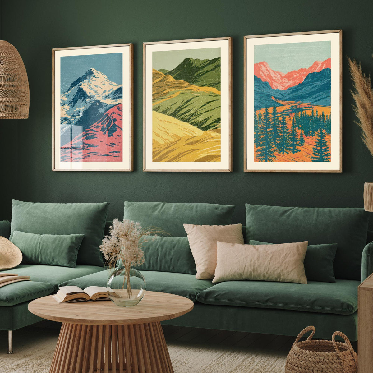 Snowy Peak, Rolling Hills & Alpine Valley Set of Three Art Prints - Colourful Mountain Landscape Linocut Style Woodcut Poster V1