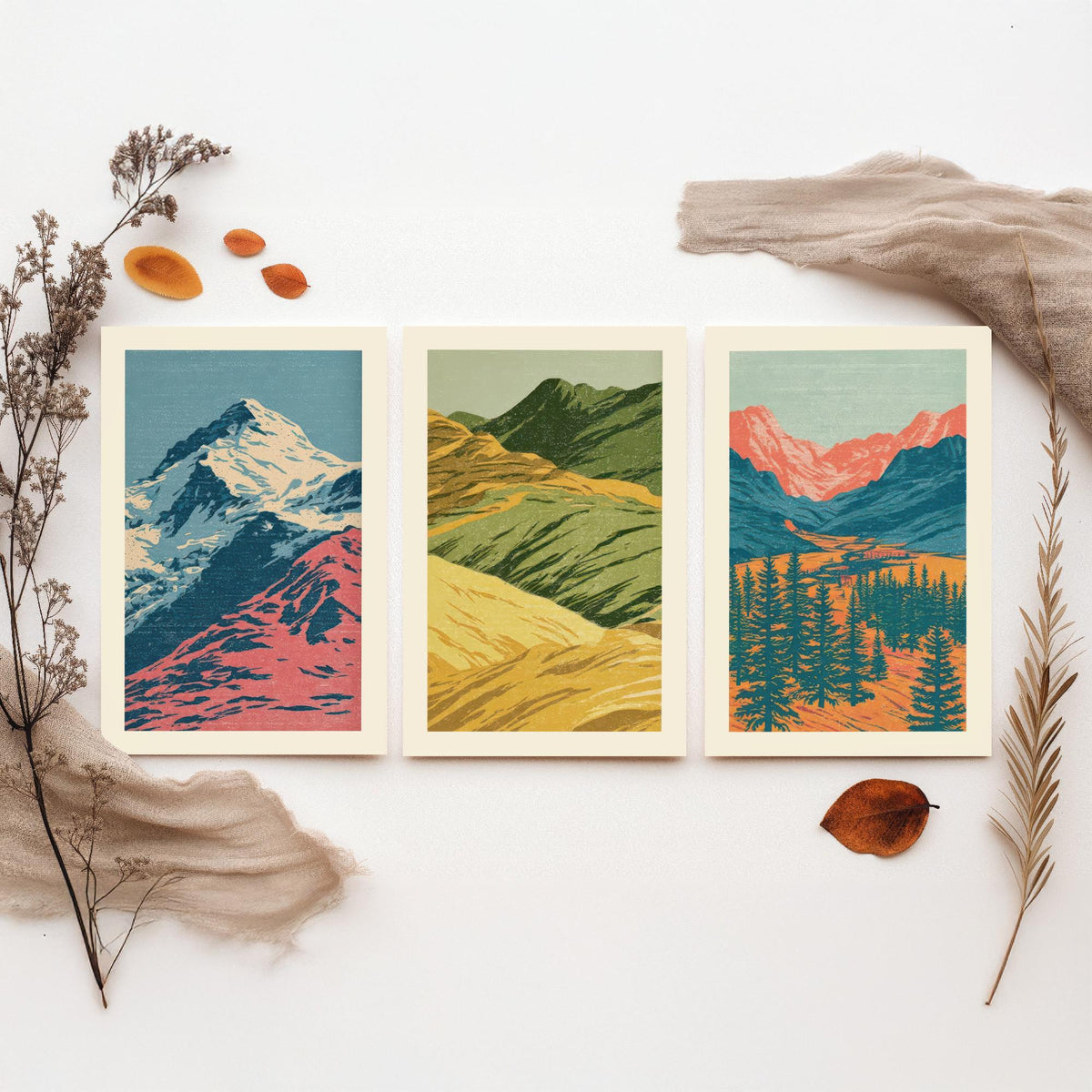 Snowy Peak, Rolling Hills & Alpine Valley Set of Three Art Prints - Colourful Mountain Landscape Linocut Style Woodcut Poster V1