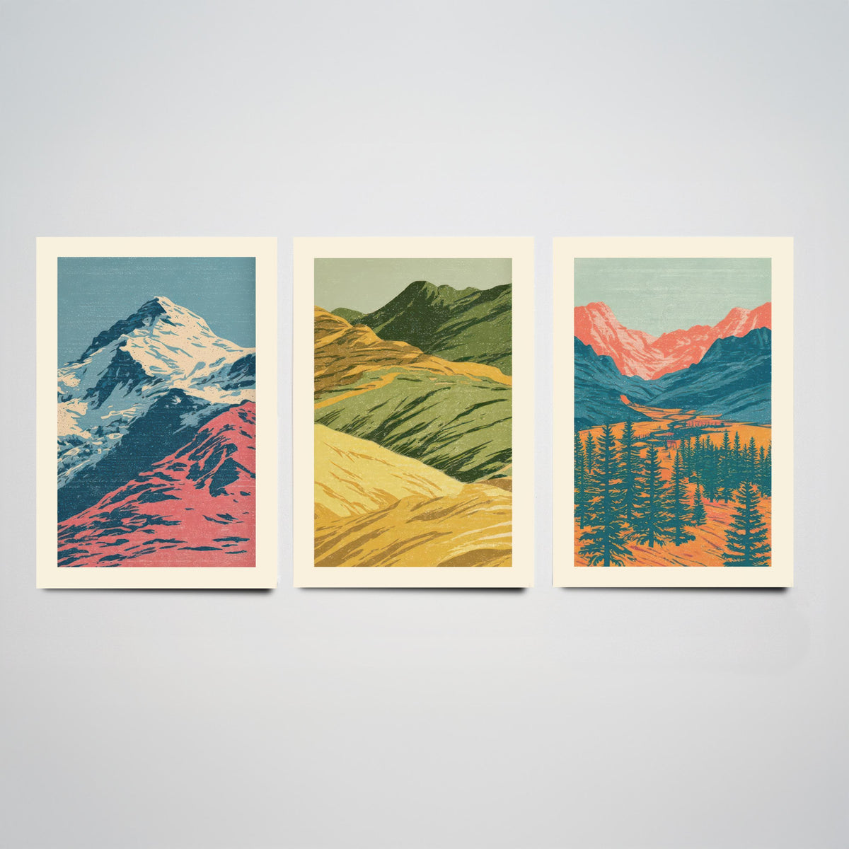 Snowy Peak, Rolling Hills & Alpine Valley Set of Three Art Prints - Colourful Mountain Landscape Linocut Style Woodcut Poster V1