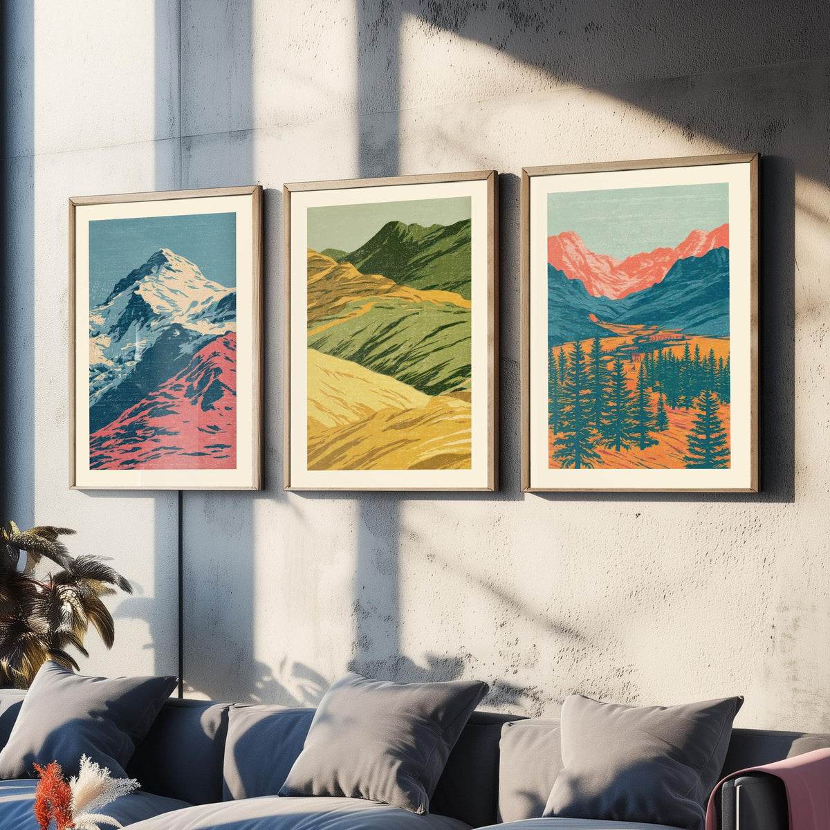 Snowy Peak, Rolling Hills & Alpine Valley Set of Three Art Prints - Colourful Mountain Landscape Linocut Style Woodcut Poster V1