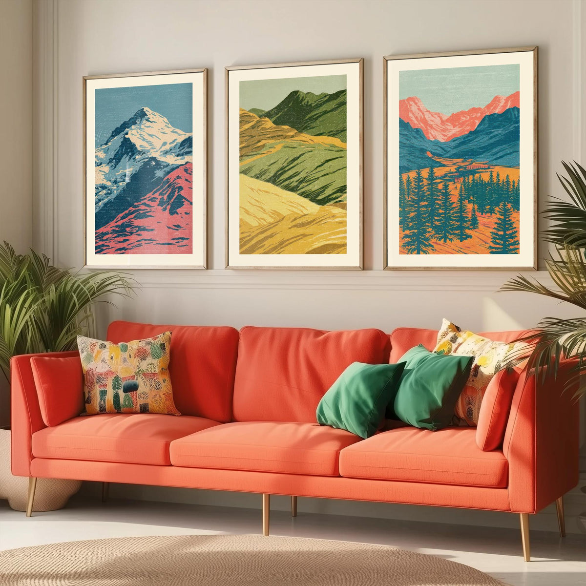 Snowy Peak, Rolling Hills & Alpine Valley Set of Three Art Prints - Colourful Mountain Landscape Linocut Style Woodcut Poster V1
