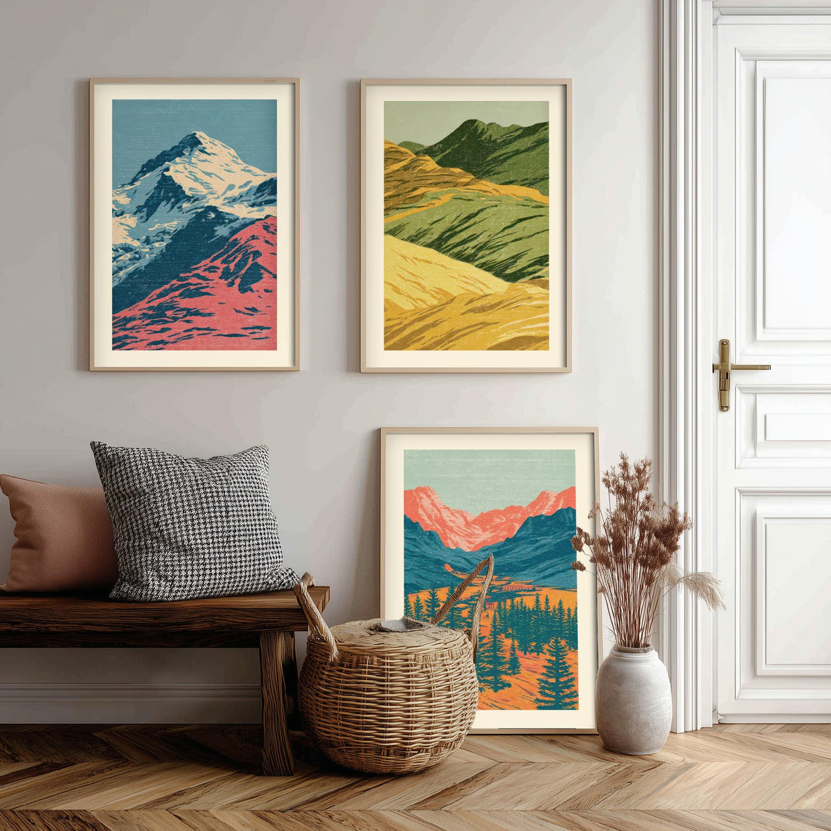 Snowy Peak, Rolling Hills & Alpine Valley Set of Three Art Prints - Colourful Mountain Landscape Linocut Style Woodcut Poster V1