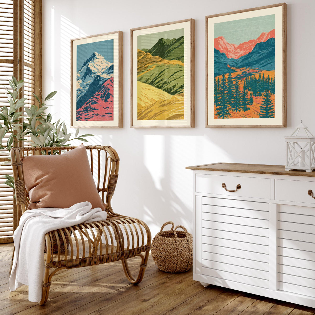 Snowy Peak, Rolling Hills & Alpine Valley Set of Three Art Prints - Colourful Mountain Landscape Linocut Style Woodcut Poster V1