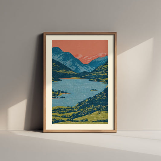 Mountain Lake Art Print - Wooded Islands Under a Coral Sky Poster - Linocut Style Woodcut V2 1/3