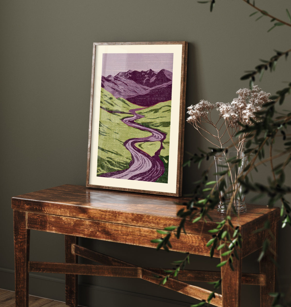 Winding River Valley Poster - Lilac and Lime Green Linocut Woodcut - Mountain Landscape Art Print V2 2/3