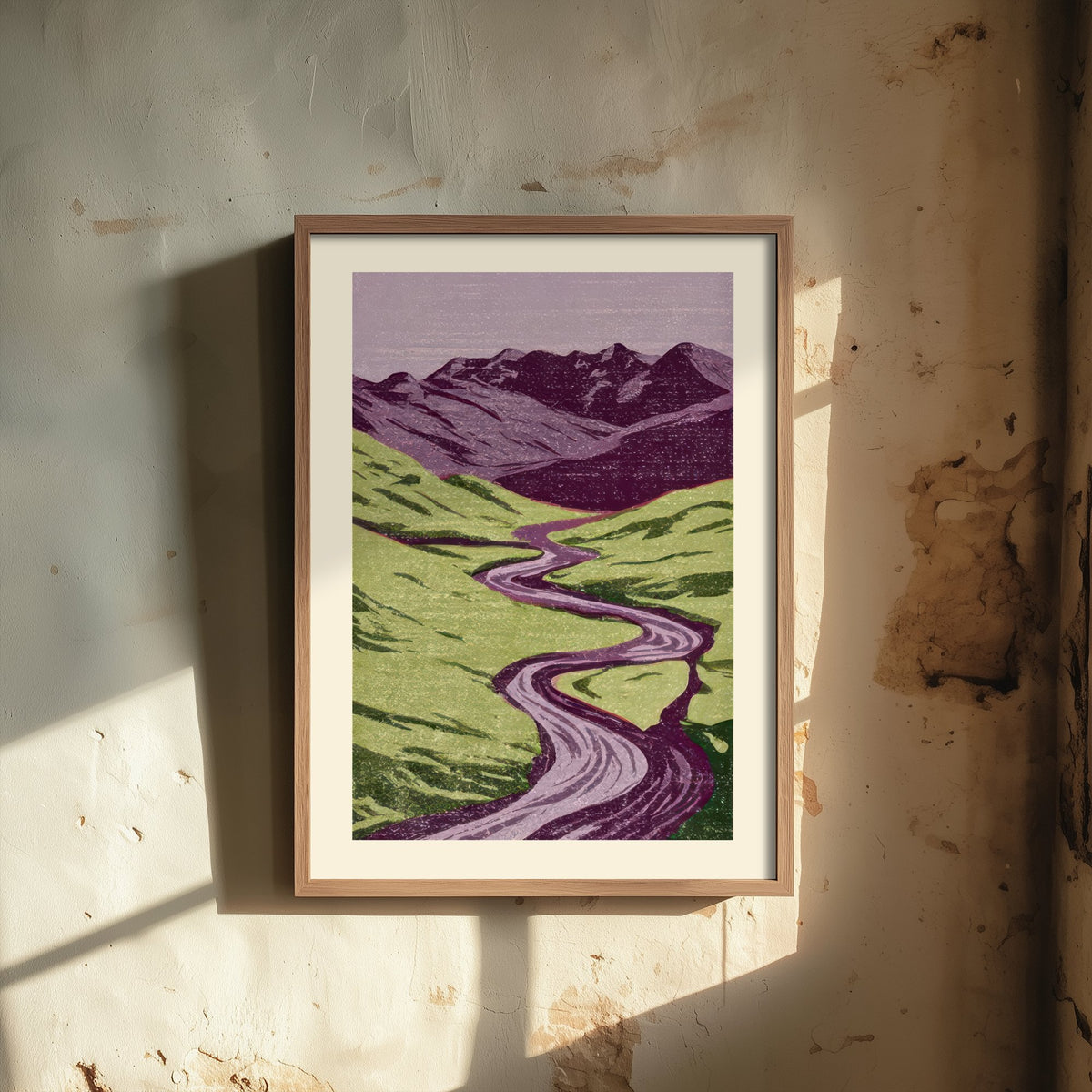 Winding River Valley Poster - Lilac and Lime Green Linocut Woodcut - Mountain Landscape Art Print V2 2/3