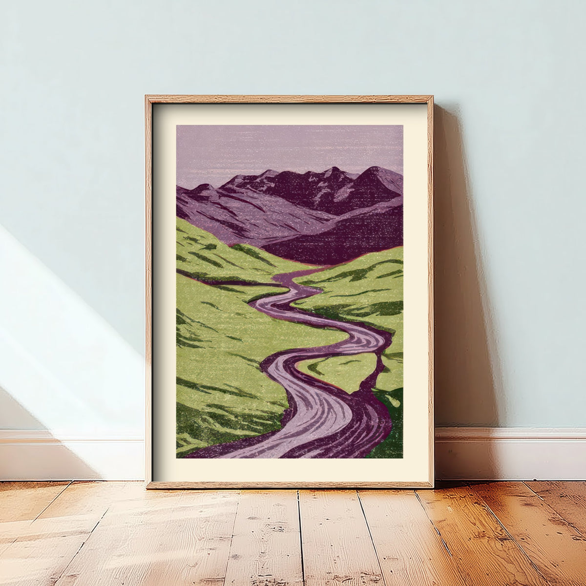 Winding River Valley Poster - Lilac and Lime Green Linocut Woodcut - Mountain Landscape Art Print V2 2/3