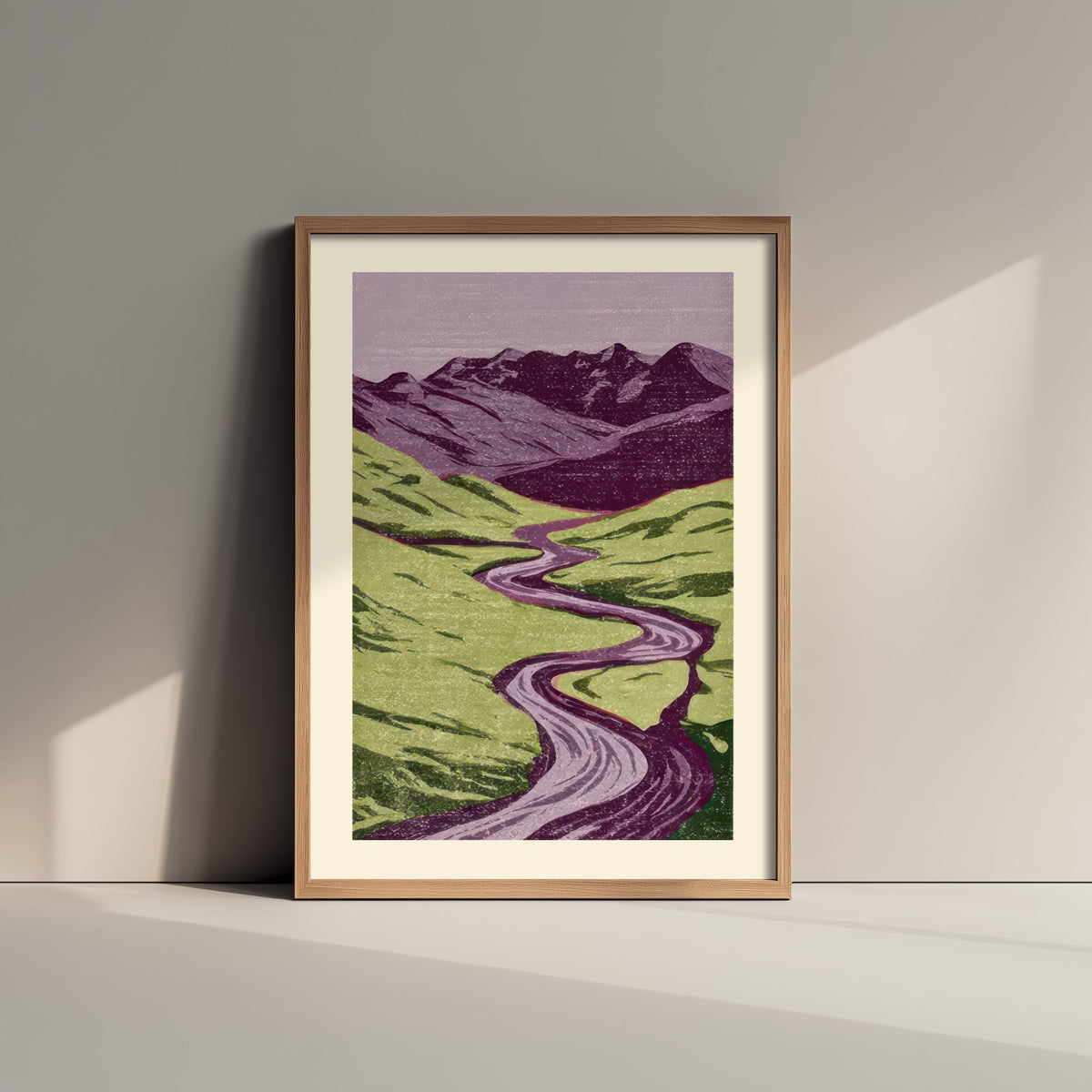 Winding River Valley Poster - Lilac and Lime Green Linocut Woodcut - Mountain Landscape Art Print V2 2/3