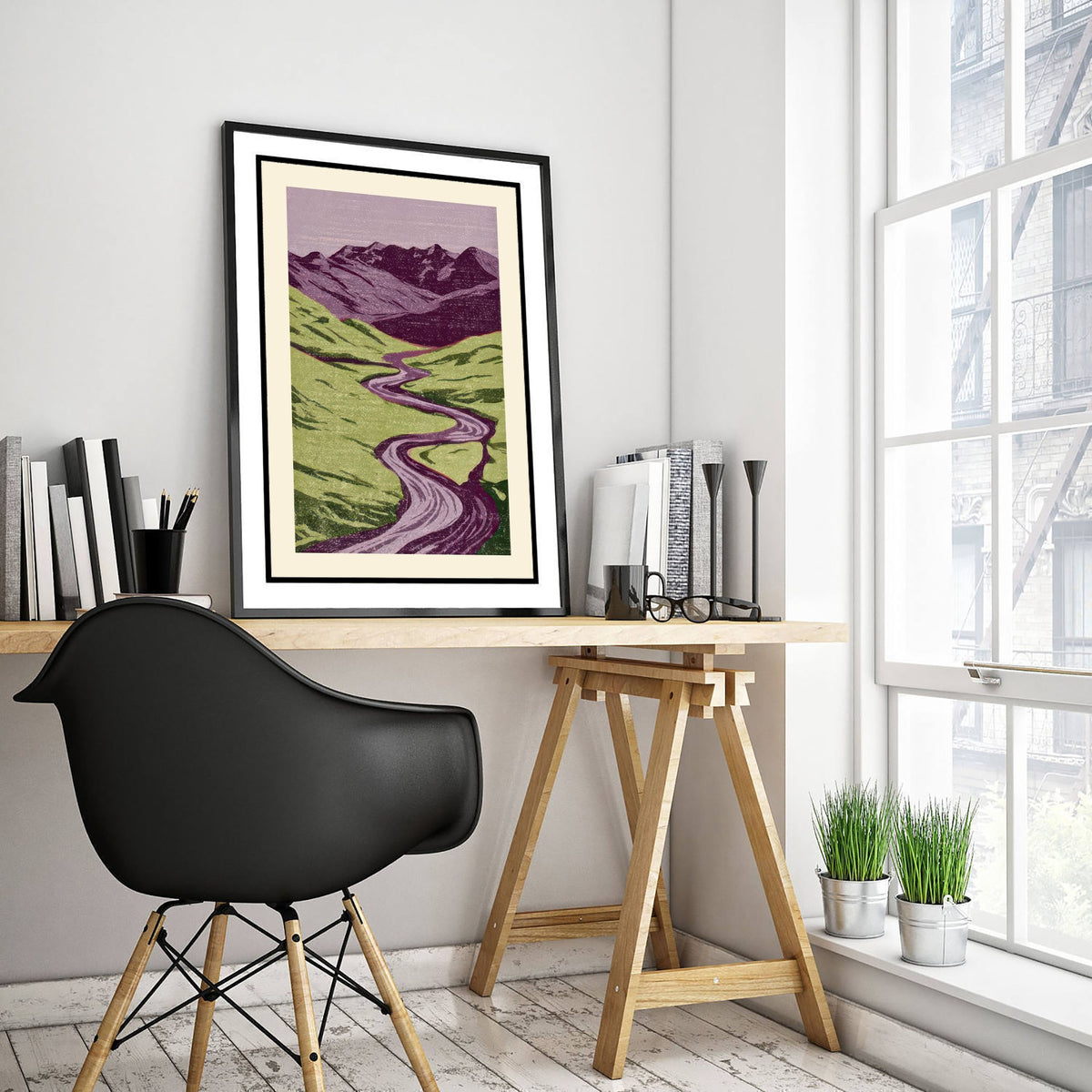Winding River Valley Poster - Lilac and Lime Green Linocut Woodcut - Mountain Landscape Art Print V2 2/3