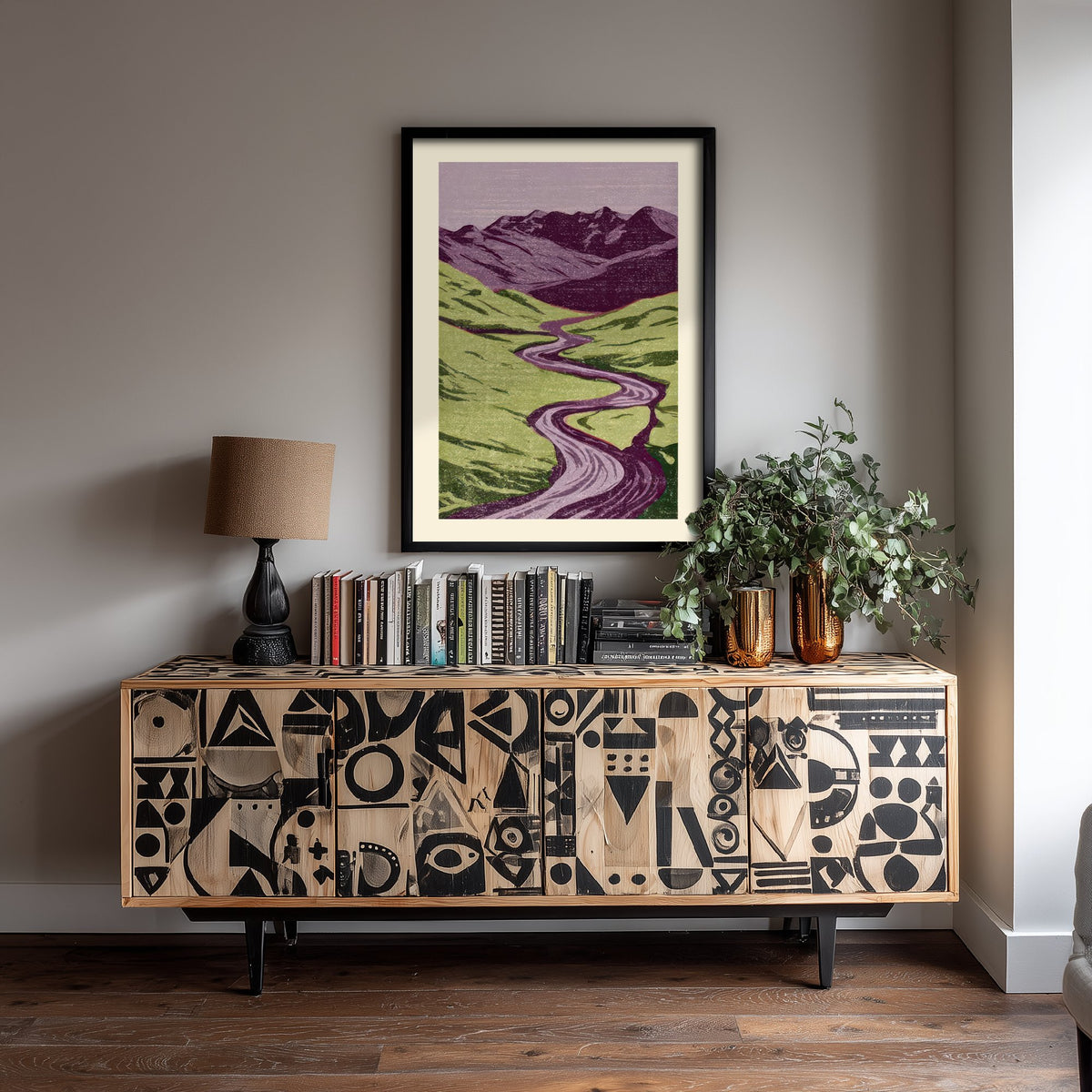 Winding River Valley Poster - Lilac and Lime Green Linocut Woodcut - Mountain Landscape Art Print V2 2/3