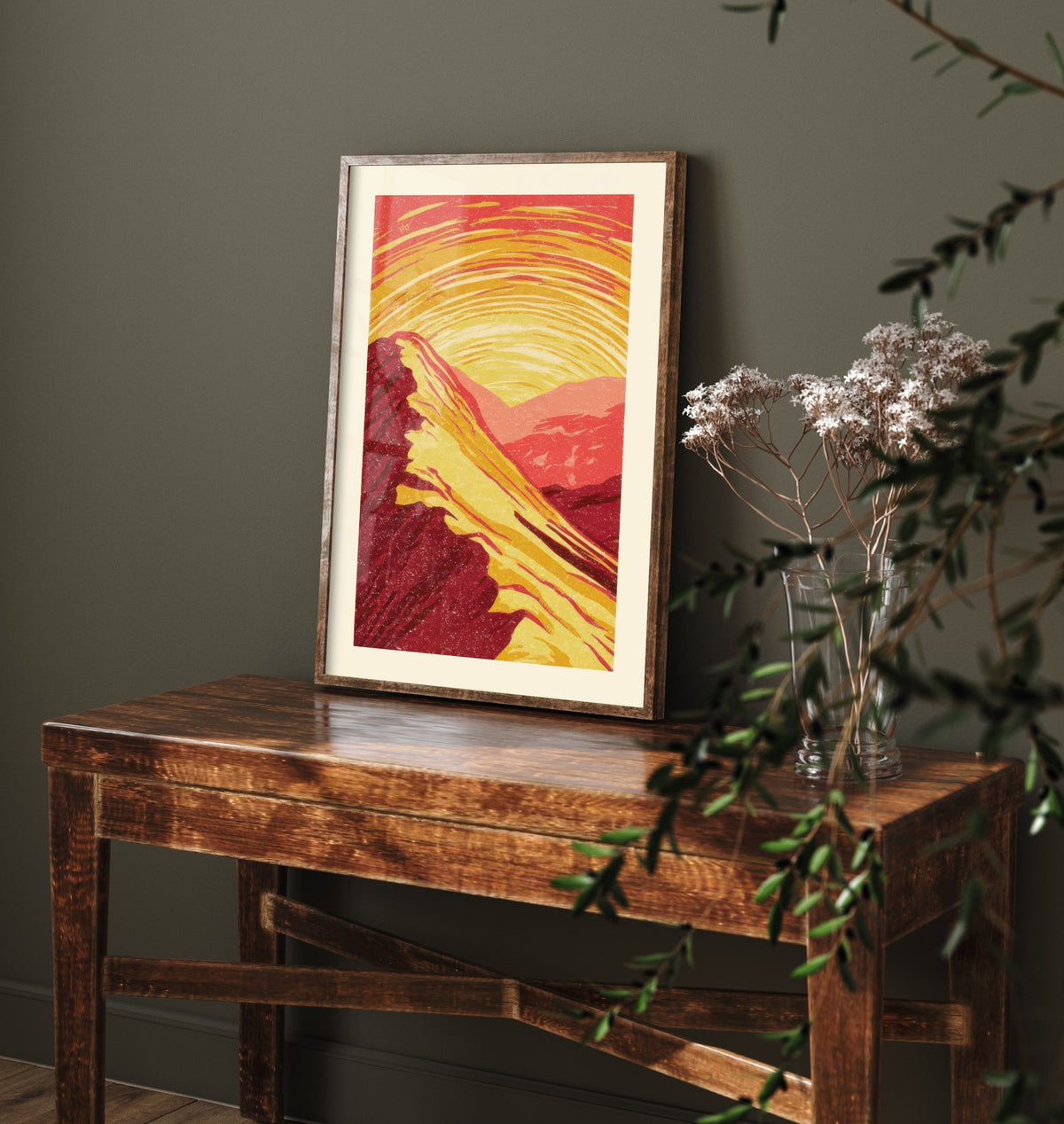 Sunset Ridge Art Print - Swirling Gold Sky Mountain Poster - Crimson Linocut Style Woodcut V2 3/3
