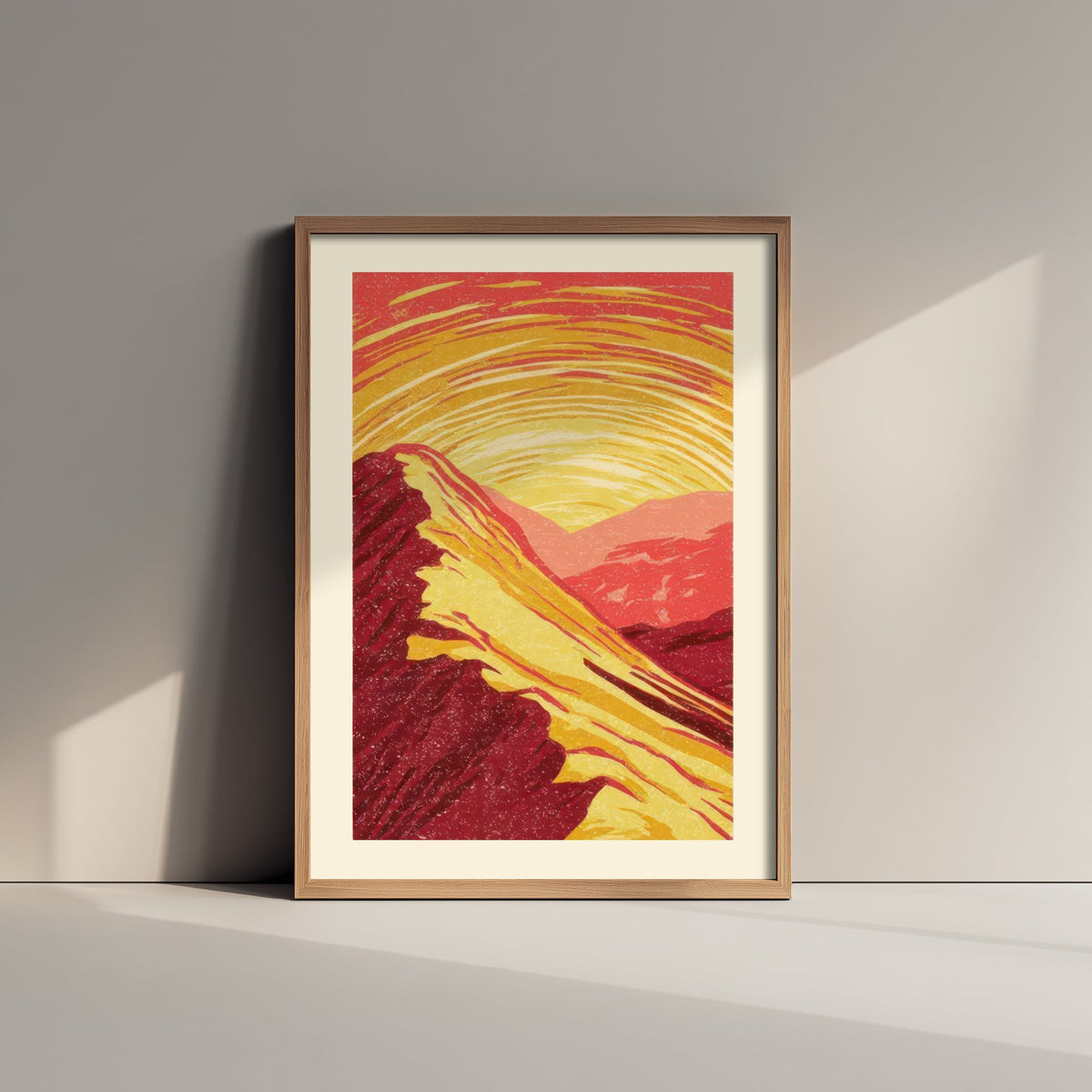 Sunset Ridge Art Print - Swirling Gold Sky Mountain Poster - Crimson Linocut Style Woodcut V2 3/3
