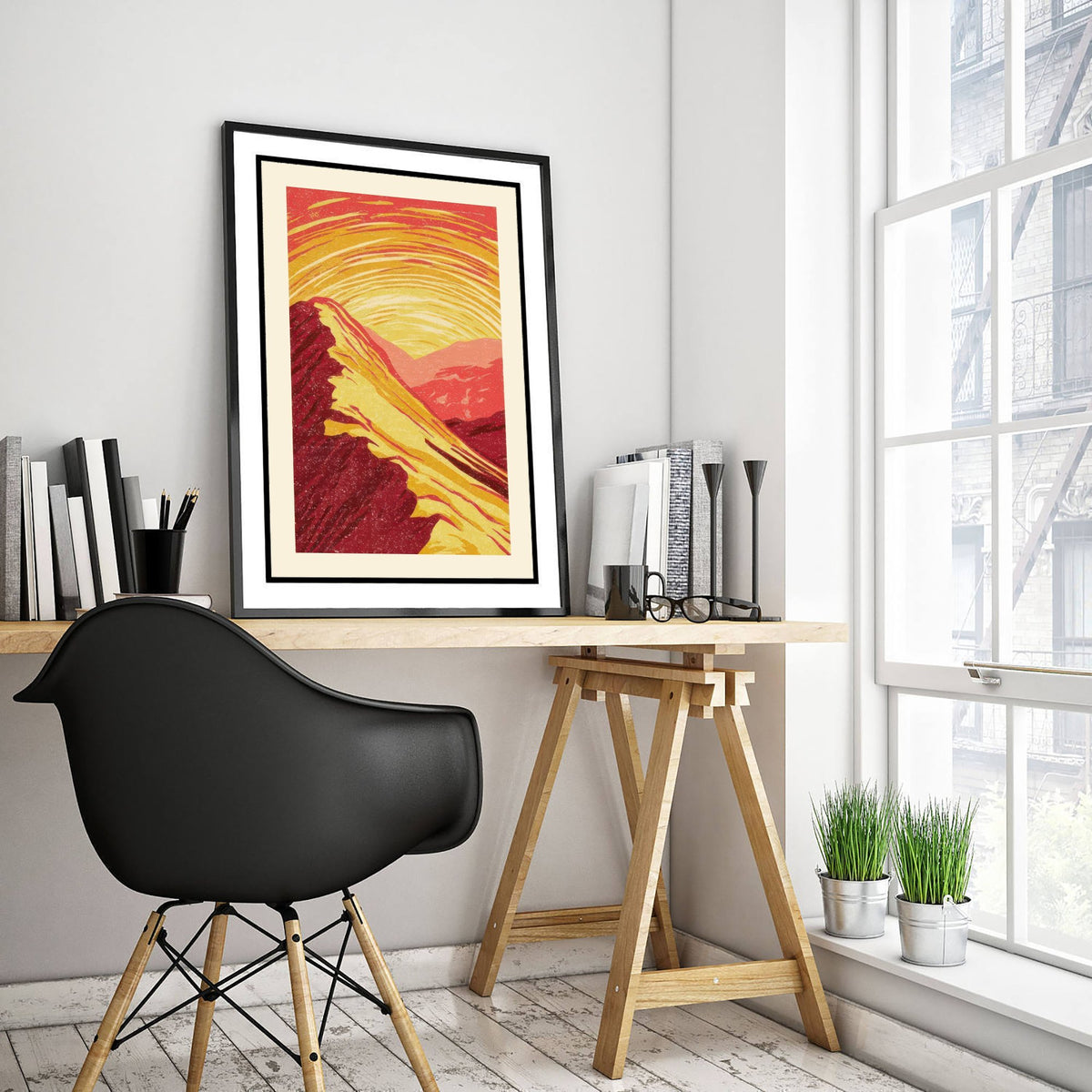 Sunset Ridge Art Print - Swirling Gold Sky Mountain Poster - Crimson Linocut Style Woodcut V2 3/3