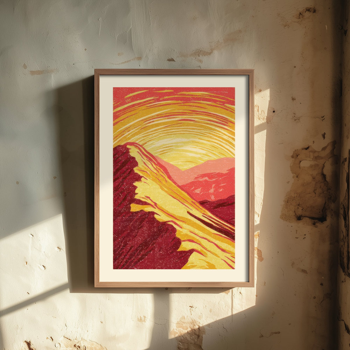 Sunset Ridge Art Print - Swirling Gold Sky Mountain Poster - Crimson Linocut Style Woodcut V2 3/3