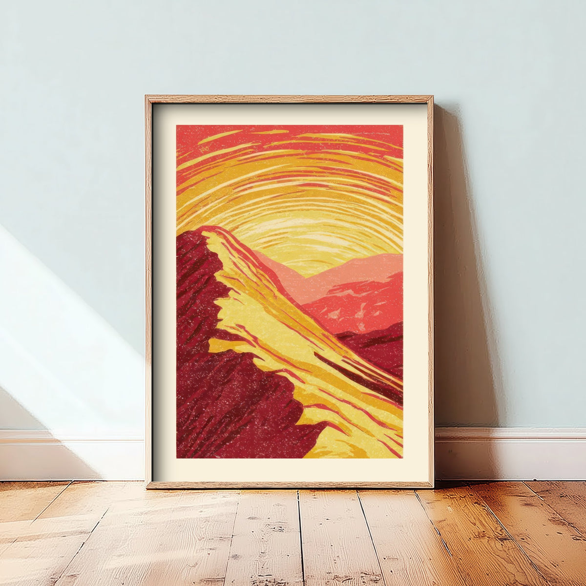Sunset Ridge Art Print - Swirling Gold Sky Mountain Poster - Crimson Linocut Style Woodcut V2 3/3
