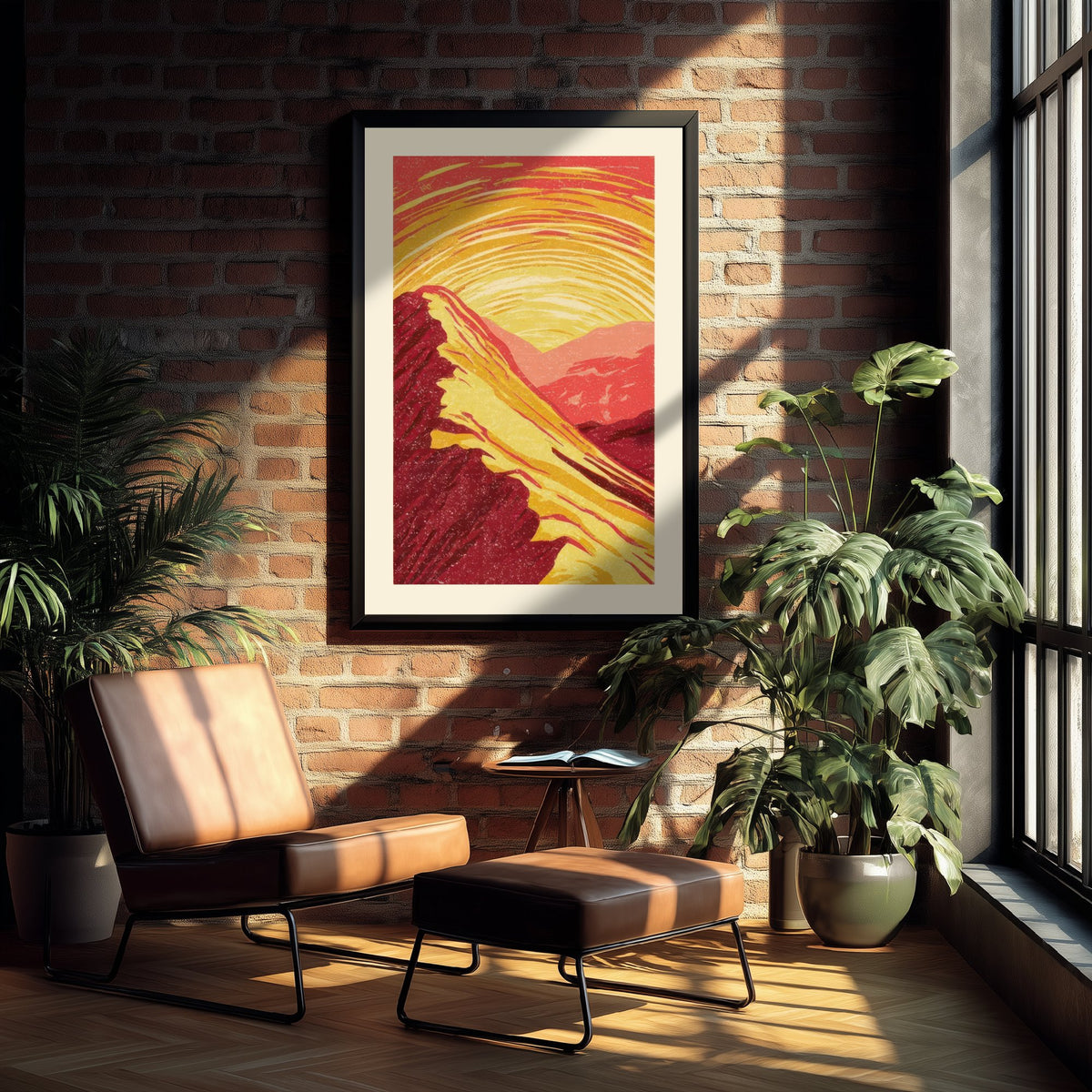 Sunset Ridge Art Print - Swirling Gold Sky Mountain Poster - Crimson Linocut Style Woodcut V2 3/3