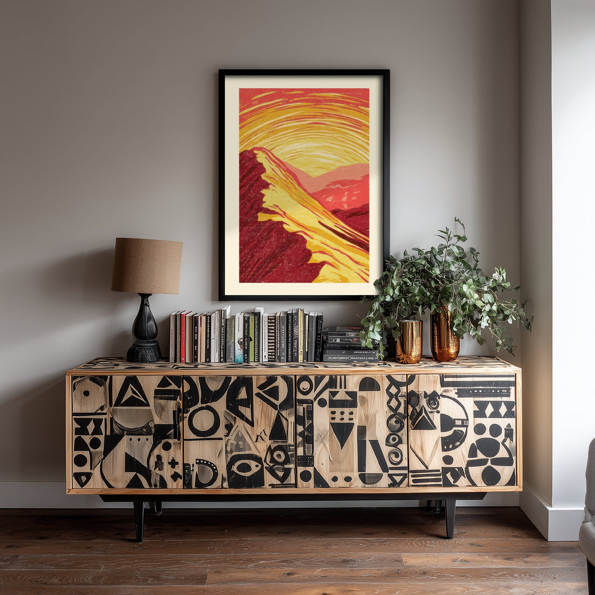 Sunset Ridge Art Print - Swirling Gold Sky Mountain Poster - Crimson Linocut Style Woodcut V2 3/3