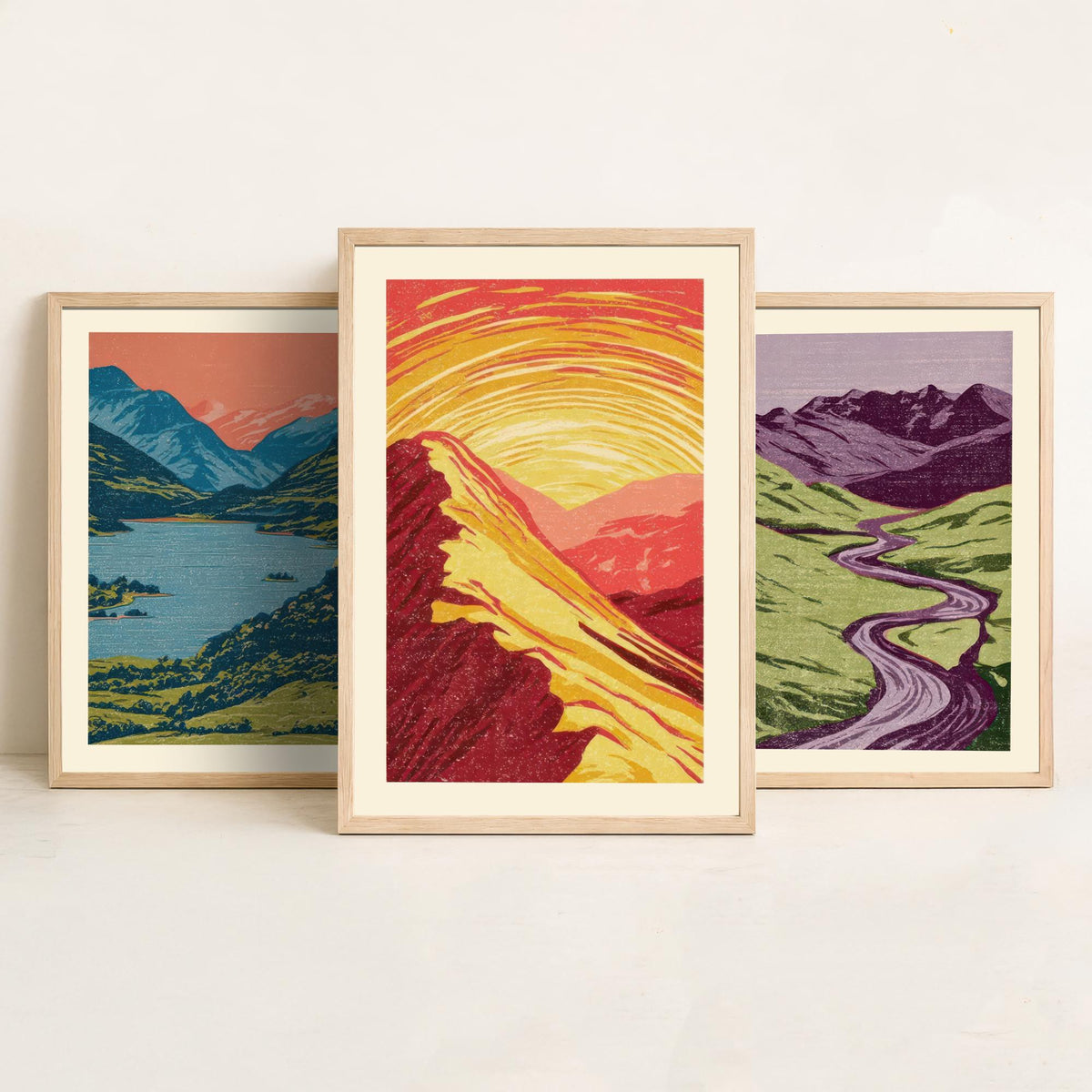 Mountain Lake, Winding River & Sunset Ridge Set of Three Art Prints - Colourful Linocut Style Landscape Woodcut Poster V2