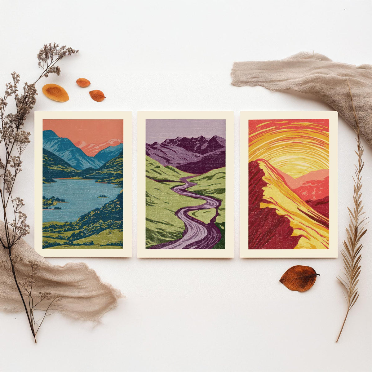 Mountain Lake, Winding River & Sunset Ridge Set of Three Art Prints - Colourful Linocut Style Landscape Woodcut Poster V2