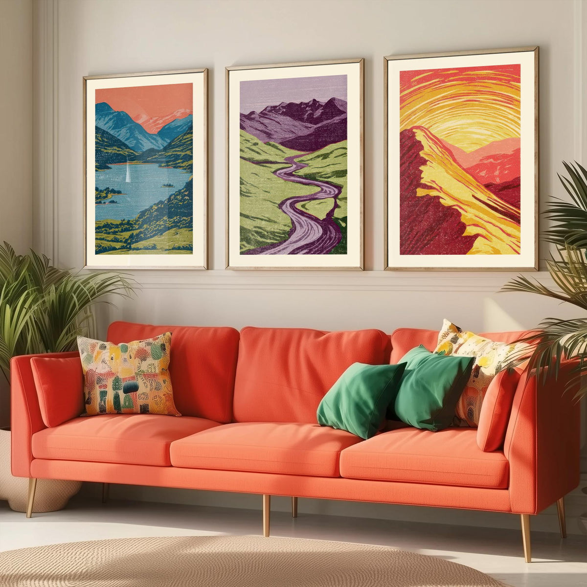 Mountain Lake, Winding River & Sunset Ridge Set of Three Art Prints - Colourful Linocut Style Landscape Woodcut Poster V2