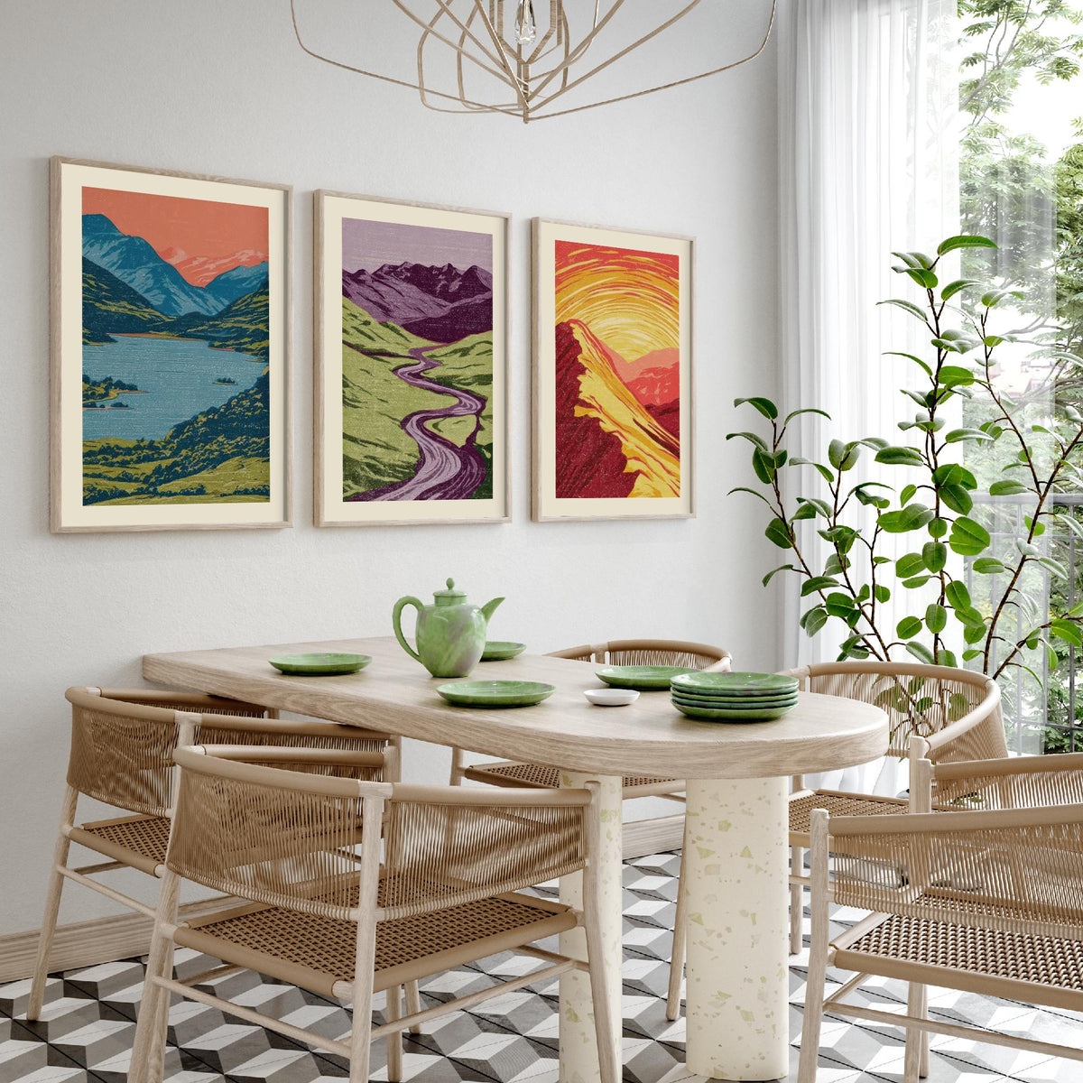 Mountain Lake, Winding River & Sunset Ridge Set of Three Art Prints - Colourful Linocut Style Landscape Woodcut Poster V2
