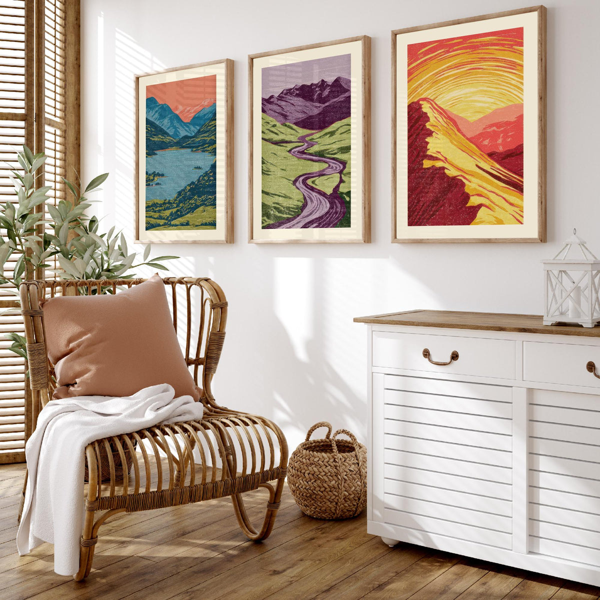 Mountain Lake, Winding River & Sunset Ridge Set of Three Art Prints - Colourful Linocut Style Landscape Woodcut Poster V2