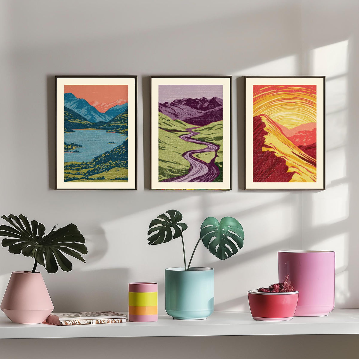 Mountain Lake, Winding River & Sunset Ridge Set of Three Art Prints - Colourful Linocut Style Landscape Woodcut Poster V2