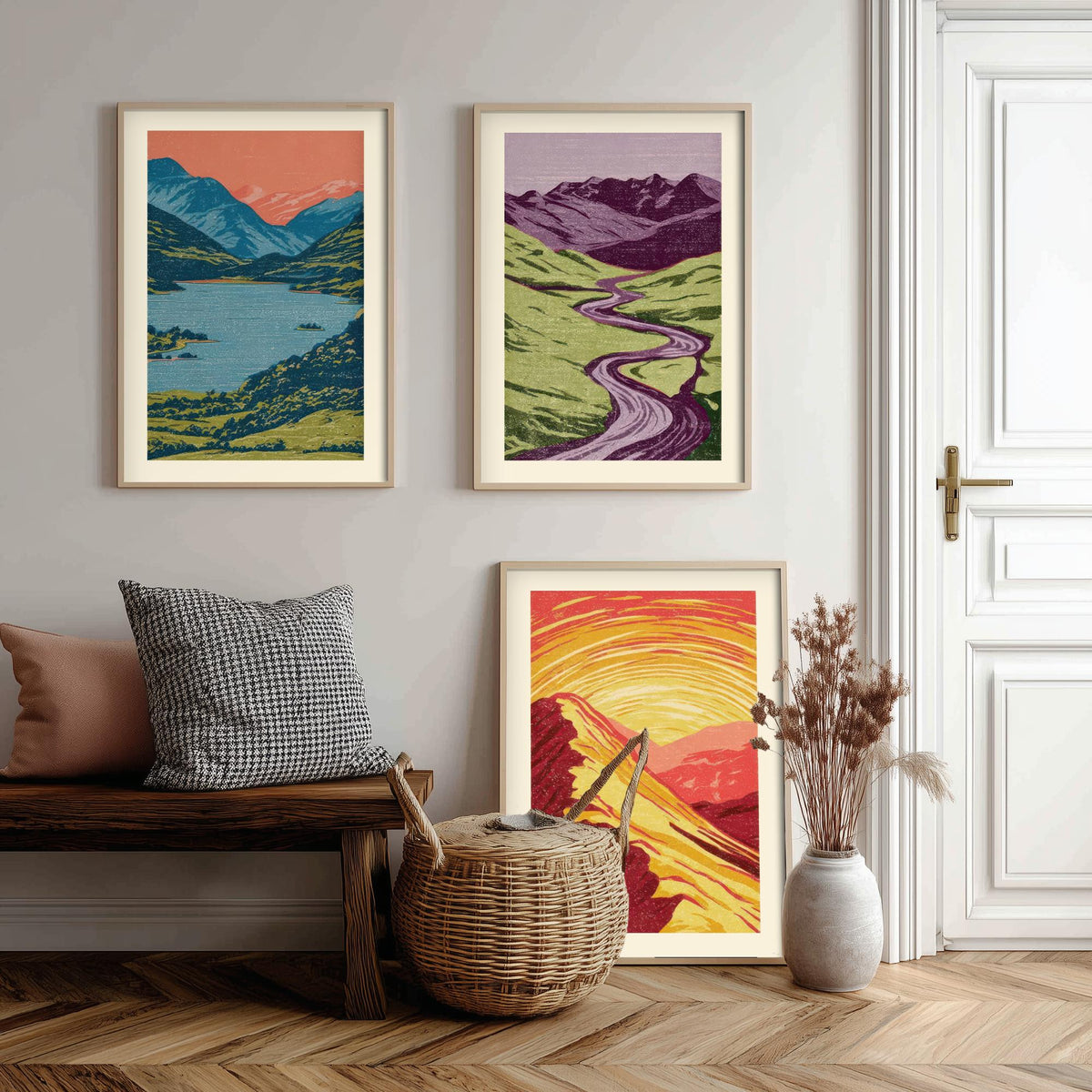 Mountain Lake, Winding River & Sunset Ridge Set of Three Art Prints - Colourful Linocut Style Landscape Woodcut Poster V2