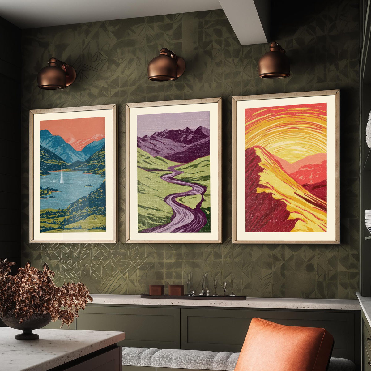 Mountain Lake, Winding River & Sunset Ridge Set of Three Art Prints - Colourful Linocut Style Landscape Woodcut Poster V2