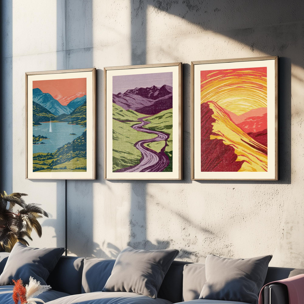 Mountain Lake, Winding River & Sunset Ridge Set of Three Art Prints - Colourful Linocut Style Landscape Woodcut Poster V2