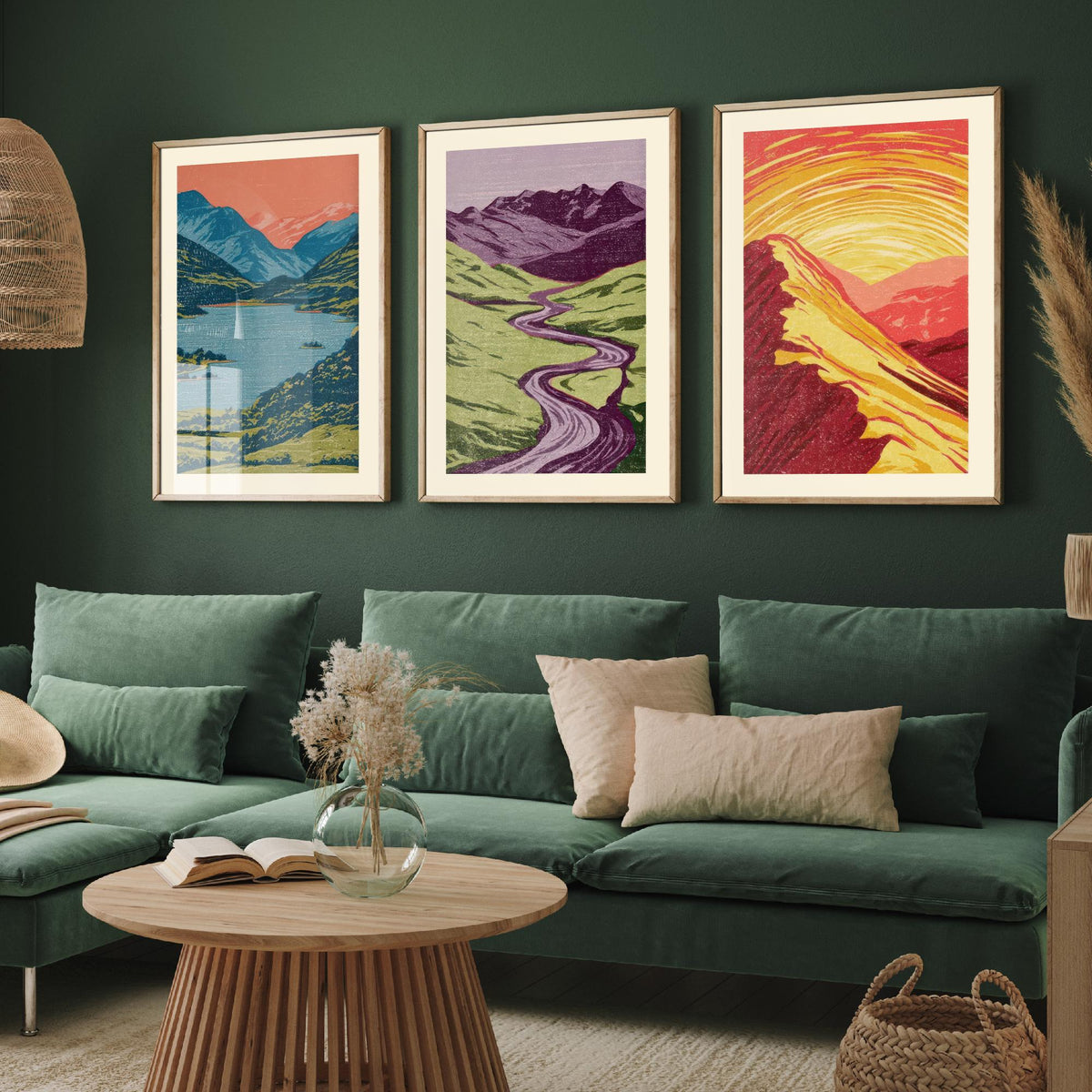 Mountain Lake, Winding River & Sunset Ridge Set of Three Art Prints - Colourful Linocut Style Landscape Woodcut Poster V2