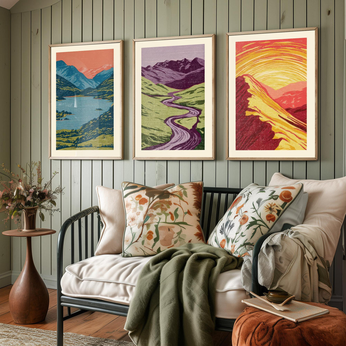 Mountain Lake, Winding River & Sunset Ridge Set of Three Art Prints - Colourful Linocut Style Landscape Woodcut Poster V2