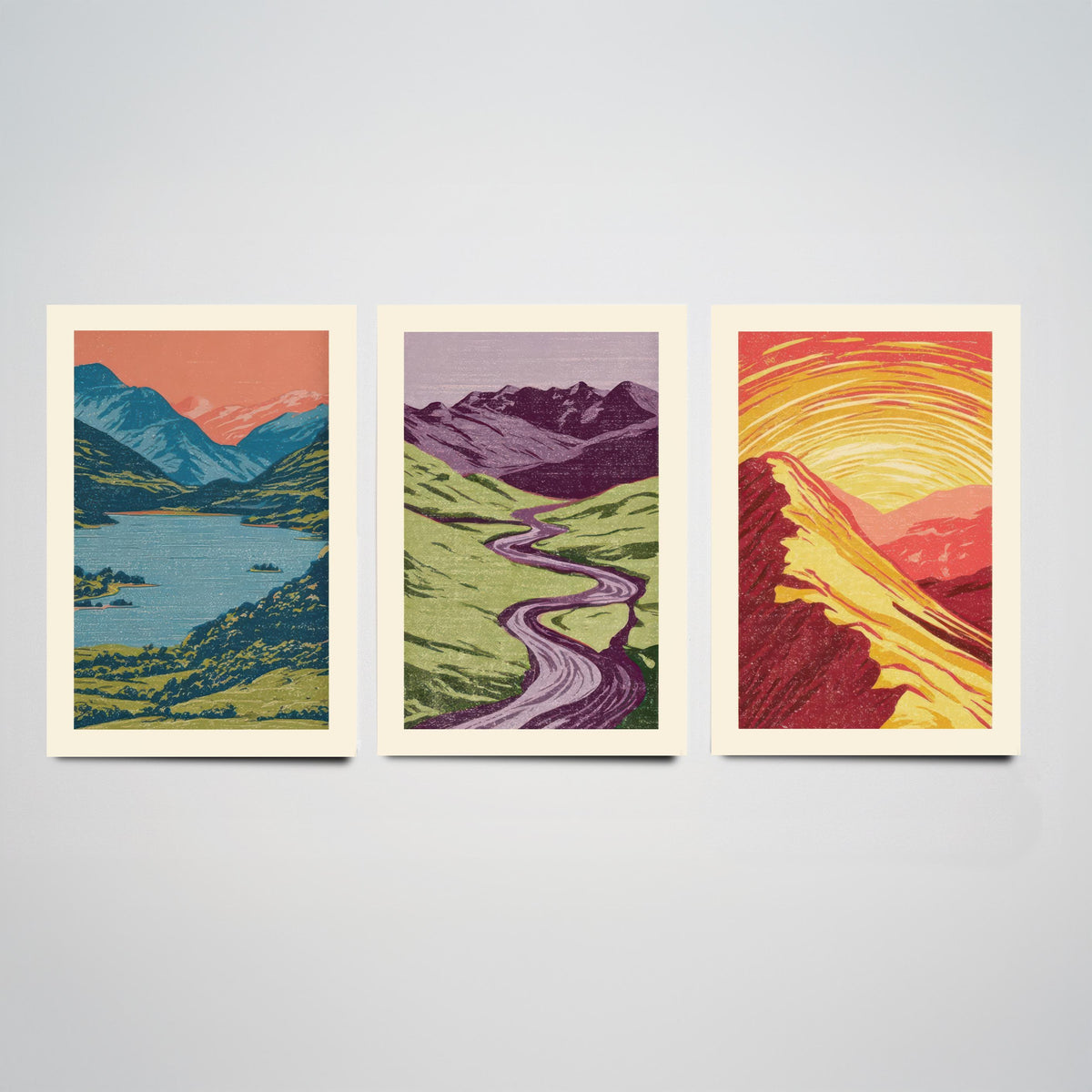 Mountain Lake, Winding River & Sunset Ridge Set of Three Art Prints - Colourful Linocut Style Landscape Woodcut Poster V2