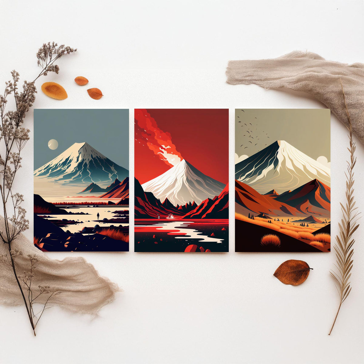 Volcano Mountains Set of Three Art Prints - Snowy Peaks in Flat Retro Colour - Minimalist Travel Poster Illustration